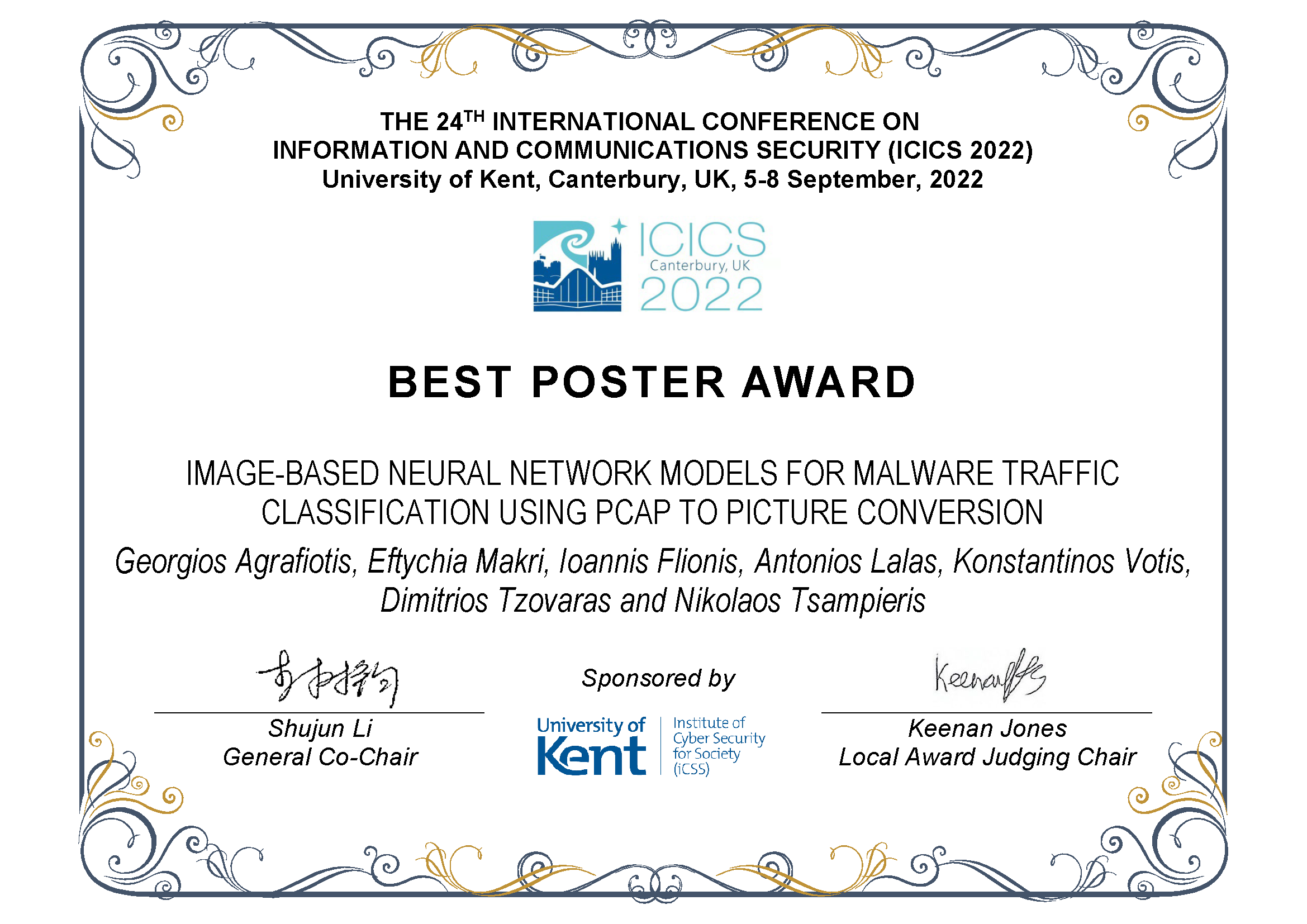 Certificate for ICICS 2022 Best Poster Award