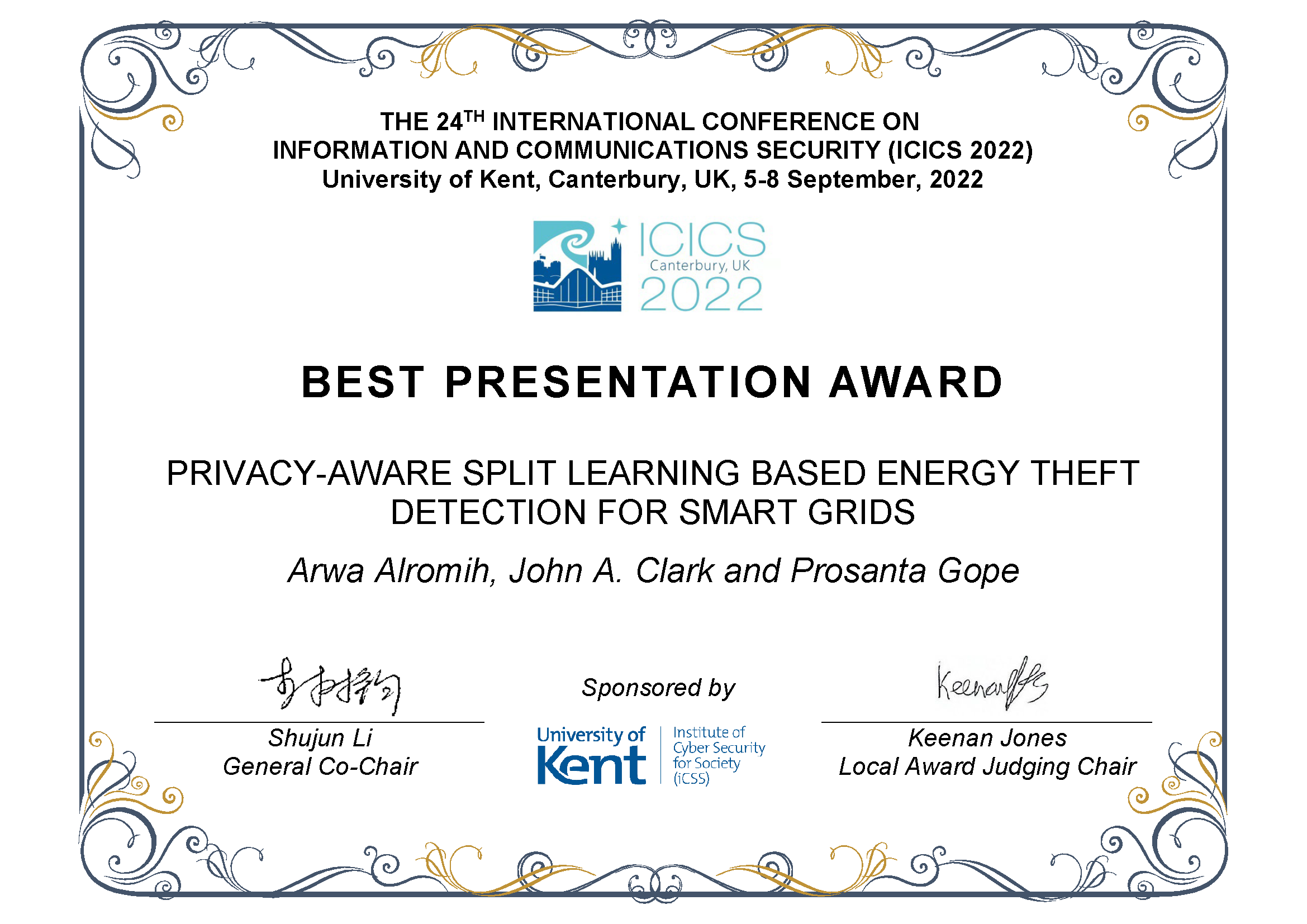 Certificate for ICICS 2022 Best Presentation Award